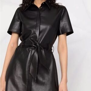 Nanushka Black Vegan Leather Belted Shirt Dress Mini XXS
